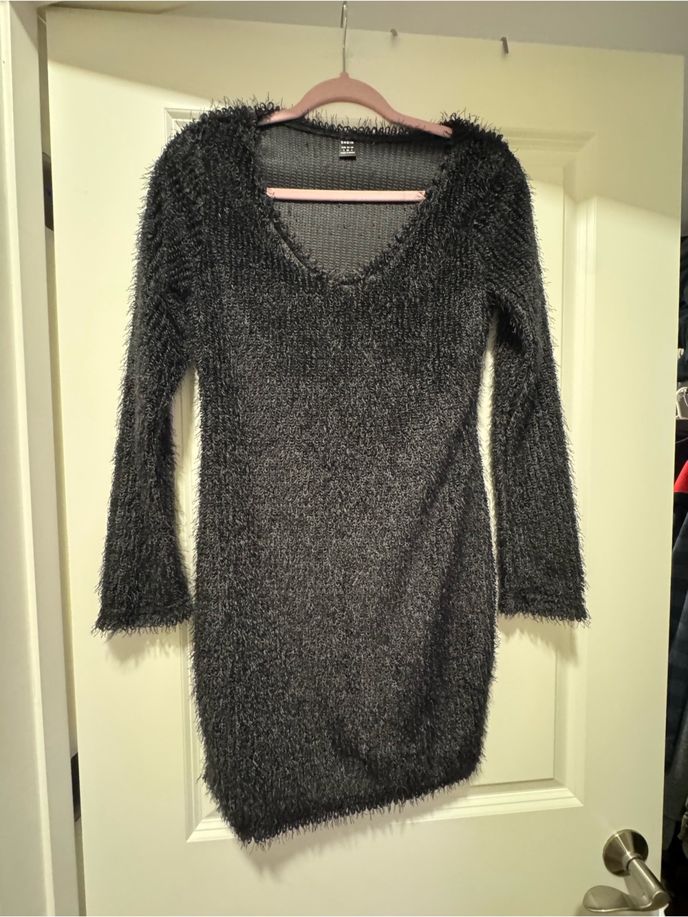 New Fuzzy Long Sleeve V-Neck Sweater Dress - Black S